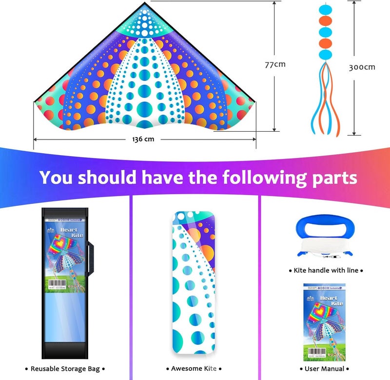 Honbo Large Delta Kite for Kids & Adults,Extremely Easy to Fly Kite for Beach Trip,String Line Included,with Colorful Tail,Perfect for Beginners - Image 5