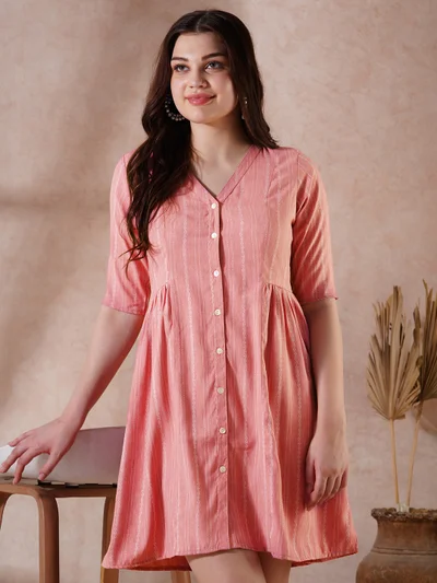 globus Women Pink Self Design V-Neck Embroidered Detail Button Down A-Line Mini Dress
