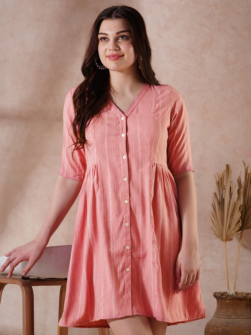 جلو باص Globus Women Pink Self Design V-Neck Embroidered Detail Button Down A-Line Mini Dress