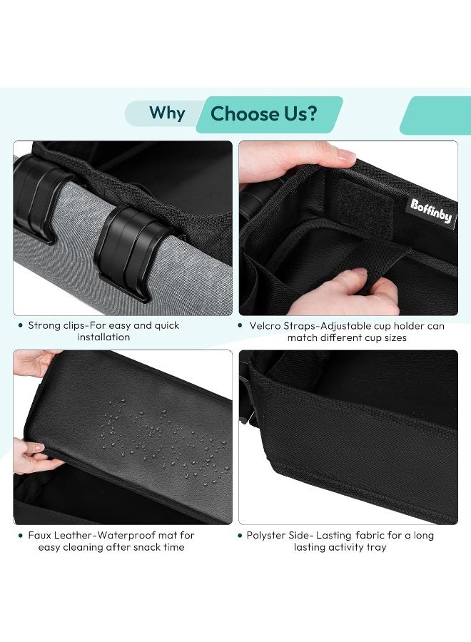 Boffinby Double Sided Stroller Tray Fits for Wonderfold Wagon- Kids Snacks & Activities - Faux Leather Sides for Eating - 4 Cup Holders-W4 accessories, Easy to Use and Clean, Play On the Go (W4 Series) - Image 3