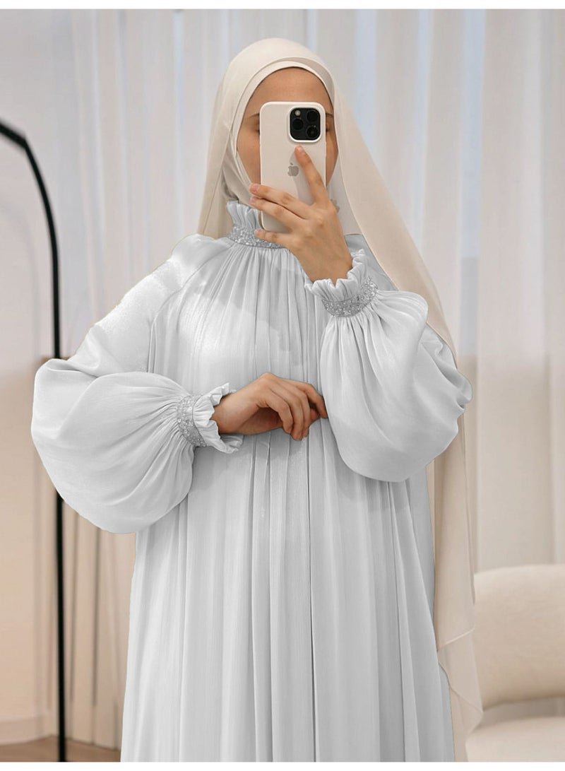 Women Rhinestone Ruffle High Neck Balloon Sleeve Maxi Dress, Loose Flowy Luxury Modest Long Dress - Image 2