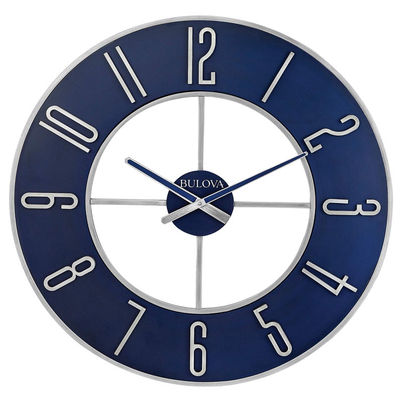 Bulova Blue Steel Oversize Wall Clock Model C4809 27 Diameter  Sleek Silver and Blue Finish  Contemporary Design  Battery Operated
