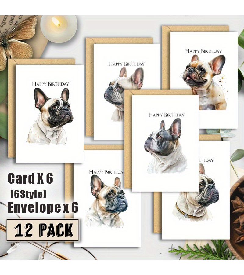 12 French Bulldog Birthday Cards with Envelopes for Family Friends Colleagues - Image 1