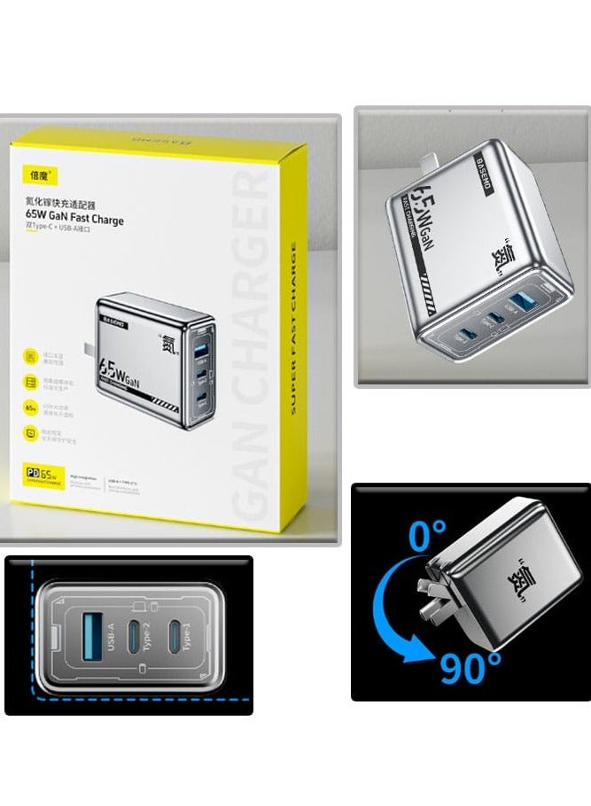 BASEMO 65W GaN Fast Wall Charger – 3-Port Power Adapter (2 USB-C + 1 USB-A), PD & QC Fast Charging for iPhone, Galaxy S24/S23 Ultra, MacBook Pro/Air, iPad, Xiaomi, Lenovo & AirPods - Image 2