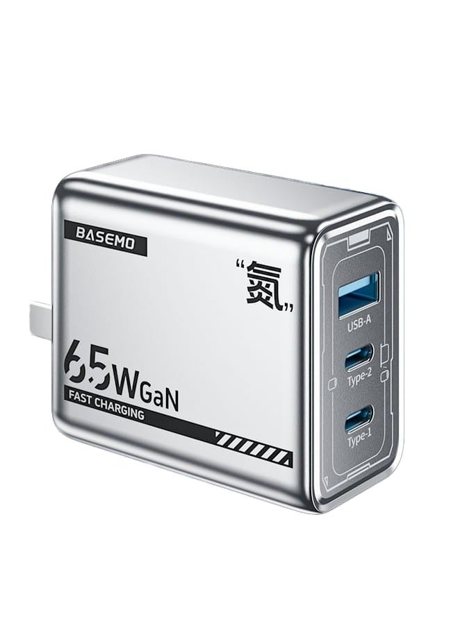 BASEMO 65W GaN Fast Wall Charger – 3-Port Power Adapter (2 USB-C + 1 USB-A), PD & QC Fast Charging for iPhone, Galaxy S24/S23 Ultra, MacBook Pro/Air, iPad, Xiaomi, Lenovo & AirPods - Image 1