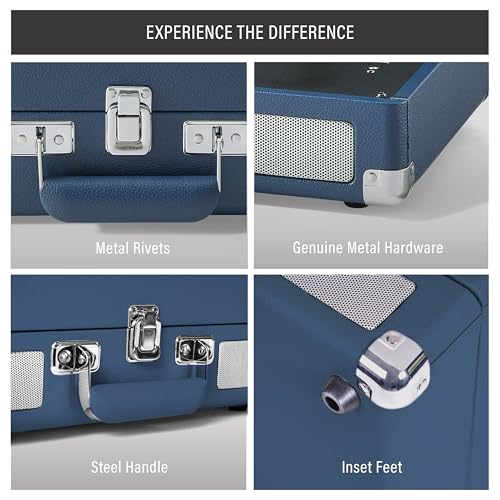 Crosley CR8005F-IB Cruiser Plus Vintage 3-Speed Bluetooth in/Out Suitcase Vinyl Record Player Turntable with Built-in Speakers, Ink Blue - Image 4