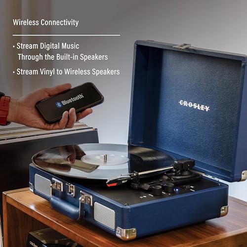 Crosley CR8005F-IB Cruiser Plus Vintage 3-Speed Bluetooth in/Out Suitcase Vinyl Record Player Turntable with Built-in Speakers, Ink Blue - Image 3