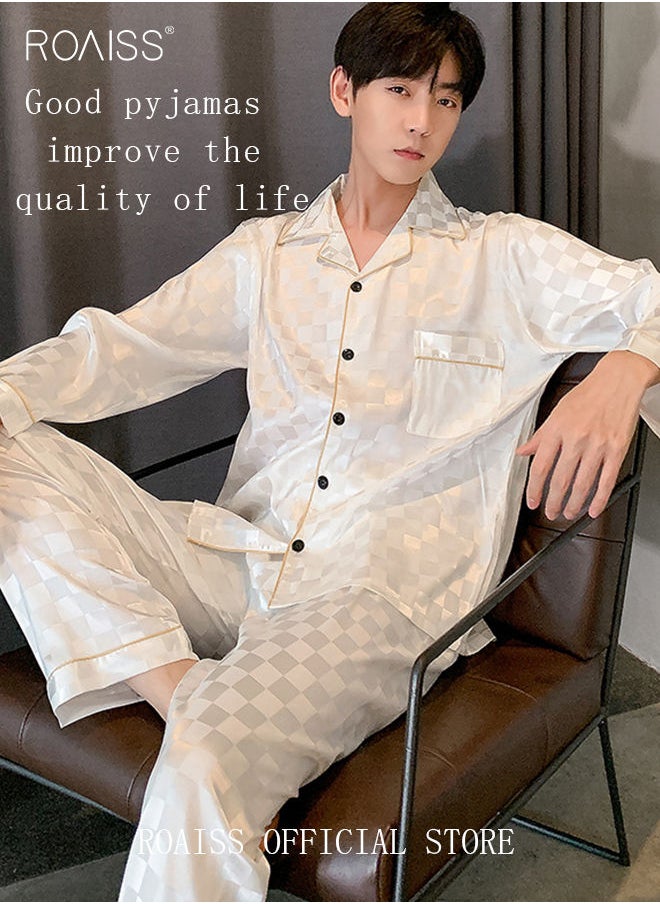roaiss - 2-Piece Set Men's Long Sleeves Sleepwear Sets Satin Checked Printing Sleepwear Pajamas Pants Silk Nightgown Male Loose Shirts Spring Summer Loungewear Home Clothes - Image 1