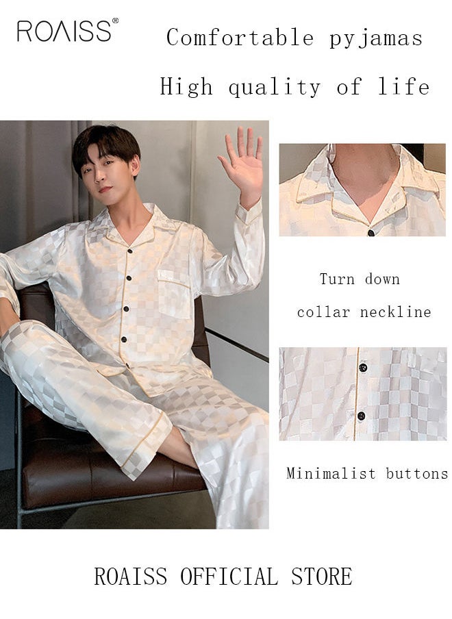 roaiss - 2-Piece Set Men's Long Sleeves Sleepwear Sets Satin Checked Printing Sleepwear Pajamas Pants Silk Nightgown Male Loose Shirts Spring Summer Loungewear Home Clothes - Image 1