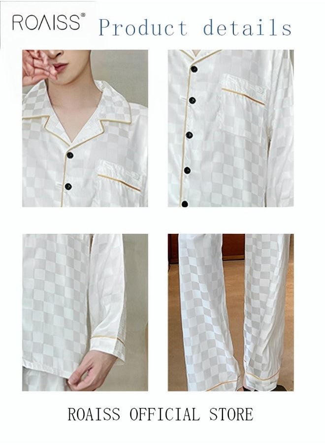 roaiss - 2-Piece Set Men's Long Sleeves Sleepwear Sets Satin Checked Printing Sleepwear Pajamas Pants Silk Nightgown Male Loose Shirts Spring Summer Loungewear Home Clothes - Image 1