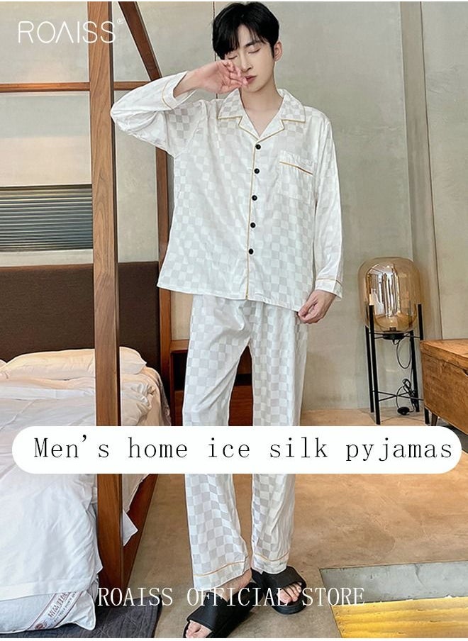 roaiss - 2-Piece Set Men's Long Sleeves Sleepwear Sets Satin Checked Printing Sleepwear Pajamas Pants Silk Nightgown Male Loose Shirts Spring Summer Loungewear Home Clothes - Image 1