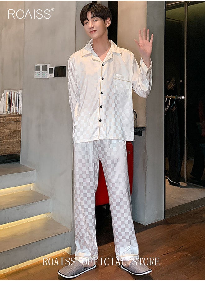 roaiss - 2-Piece Set Men's Long Sleeves Sleepwear Sets Satin Checked Printing Sleepwear Pajamas Pants Silk Nightgown Male Loose Shirts Spring Summer Loungewear Home Clothes - Image 1