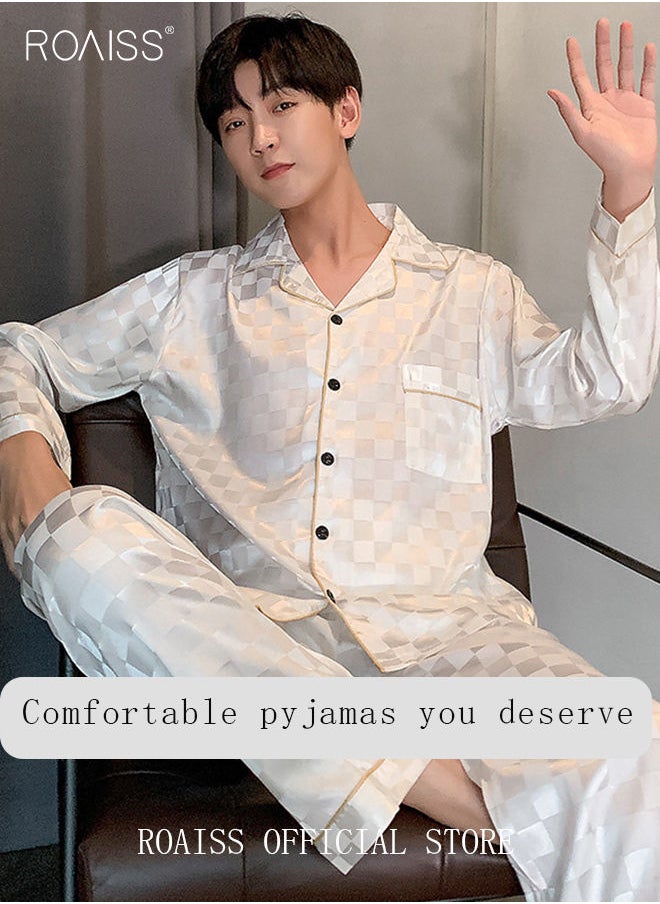 roaiss - 2-Piece Set Men's Long Sleeves Sleepwear Sets Satin Checked Printing Sleepwear Pajamas Pants Silk Nightgown Male Loose Shirts Spring Summer Loungewear Home Clothes - Image 1
