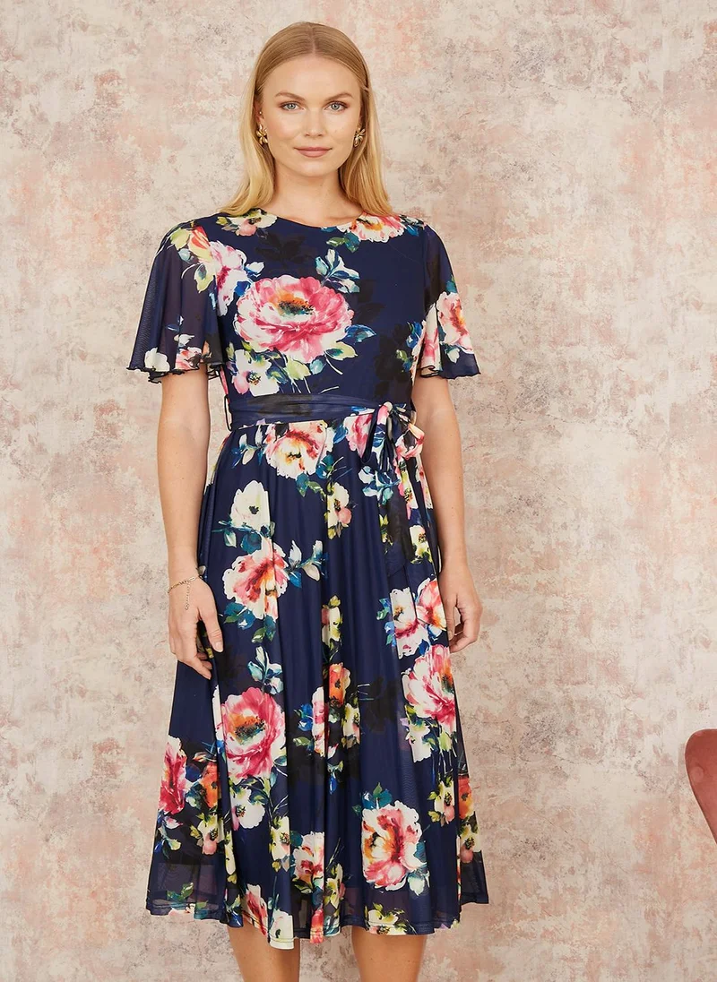 Yumi Yumi Navy Mesh Floral Print Midi Dress With Angel Sleeves