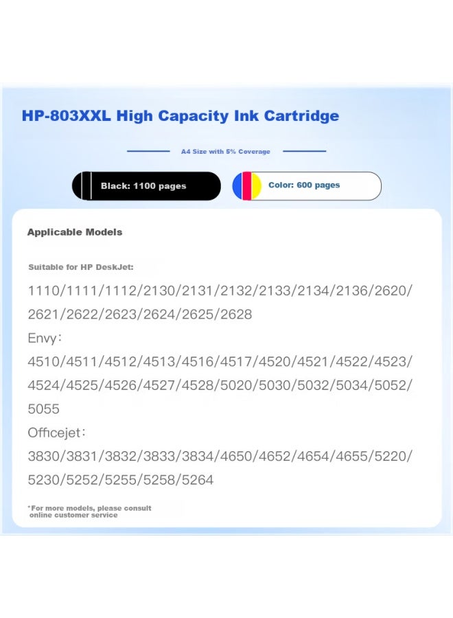 خرطوشة حبر بيفون 803xxl، ملونة عالية السعة قابلة لإعادة التعبئة، متوافقة مع طابعات HP Deskjet 1112، 2131، 1111، 2132، 2621، 2622، 2623، 2628