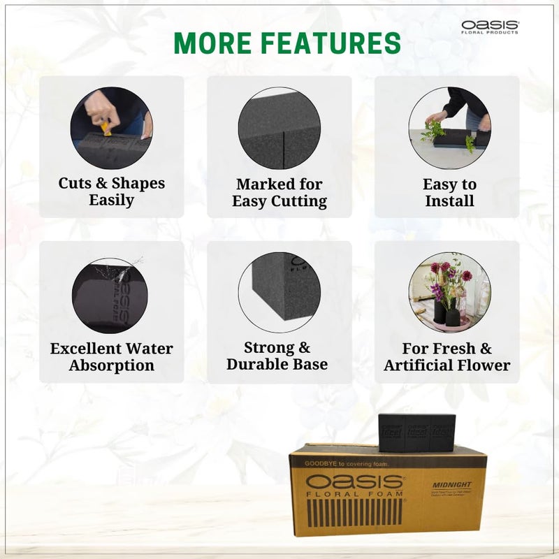 Oasis Pack of 8 Midnight Black Floral Foam Bricks | Black Florist Foam Blocks for Flower Arrangements in Home Décor, Weddings, Events, Festivals & More | Size 9 x 3 x 4 Inches - Image 5