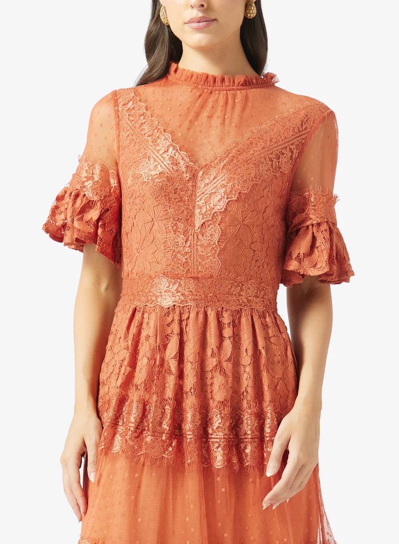 Frock And Frill Terracotta Lace Detailed Short Sleeve Maxi Dress for Women | Best Price UAE