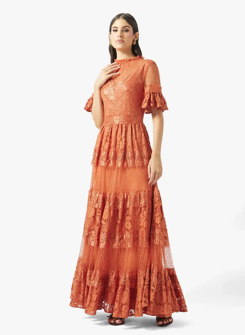 Lace Detailed Short Sleeve Maxi Dress