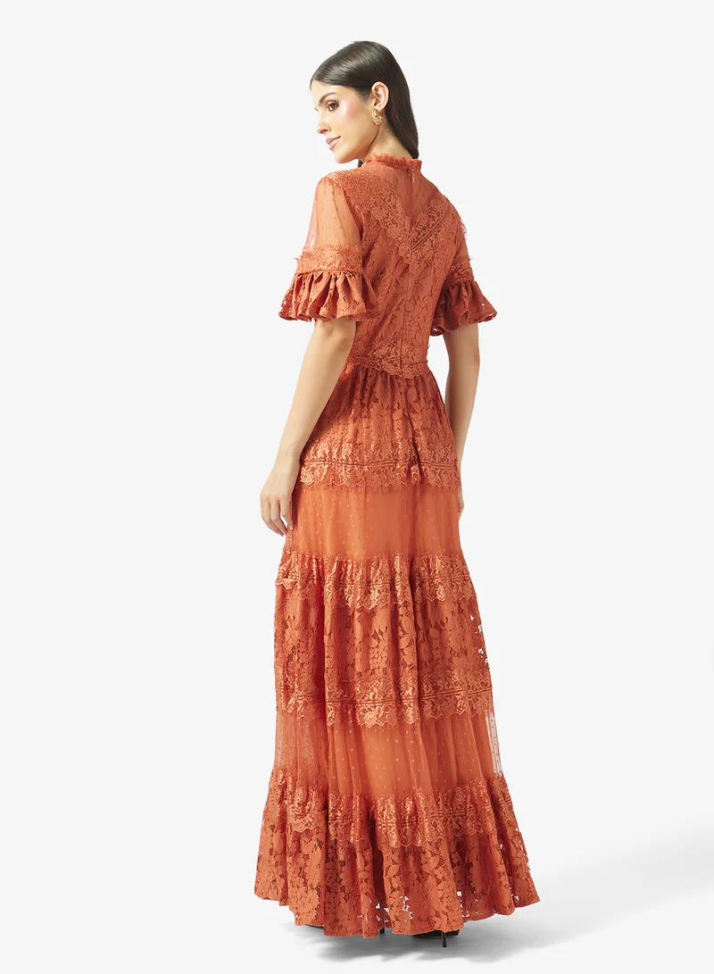 Frock And Frill Terracotta Lace Detailed Short Sleeve Maxi Dress for Women | Best Price UAE