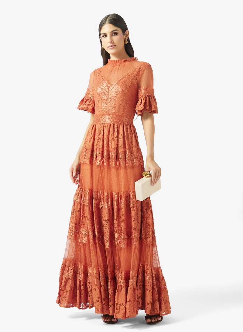 Frock And Frill Terracotta Lace Detailed Short Sleeve Maxi Dress for Women | Best Price UAE