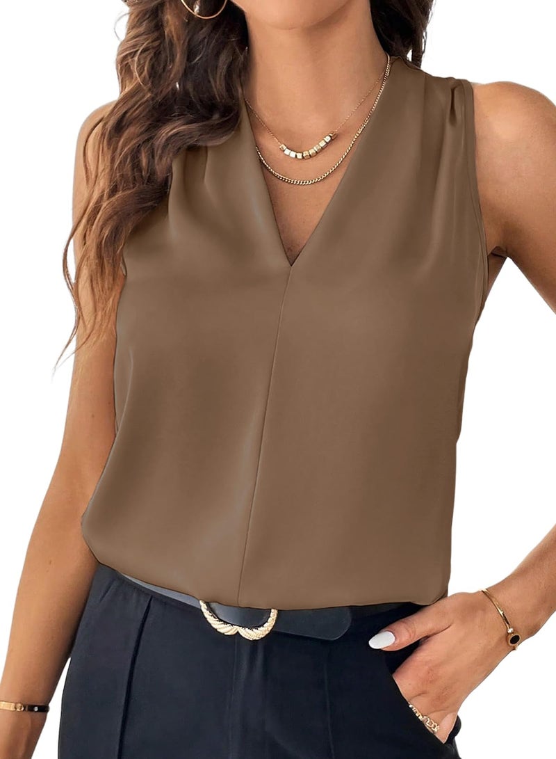 EVALESS Work Tank Tops for Women Office Summer Casual Pleated V Neck Basic Sleeveless Blouses Dark Khaki S - Image 1