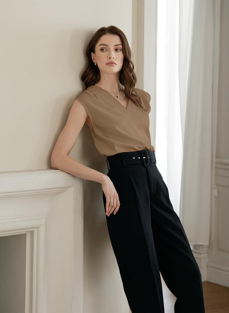 EVALESS Work Tank Tops for Women Office Summer Casual Pleated V Neck Basic Sleeveless Blouses Dark Khaki S - Image 4