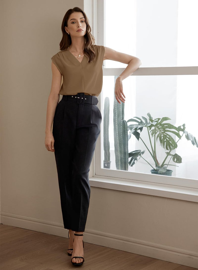 EVALESS Work Tank Tops for Women Office Summer Casual Pleated V Neck Basic Sleeveless Blouses Dark Khaki S - Image 5