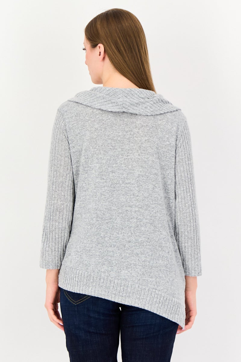 ADRIENNE VITTADINI Women Round Neck Long Sleeve Solid Blouse, Grey - Image 3