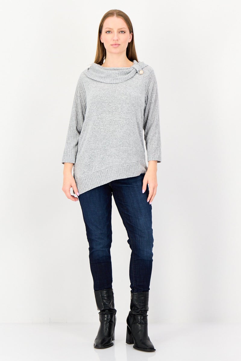 ADRIENNE VITTADINI Women Round Neck Long Sleeve Solid Blouse, Grey - Image 2