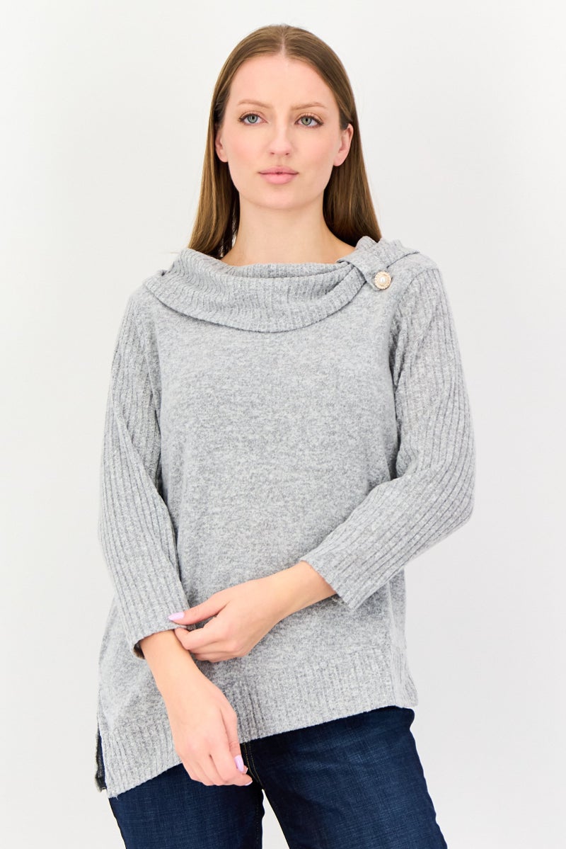 ADRIENNE VITTADINI Women Round Neck Long Sleeve Solid Blouse, Grey - Image 1