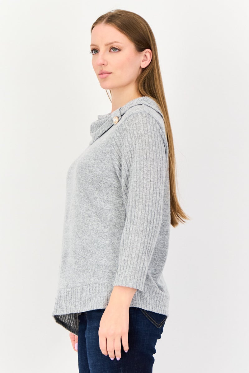 ADRIENNE VITTADINI Women Round Neck Long Sleeve Solid Blouse, Grey - Image 4