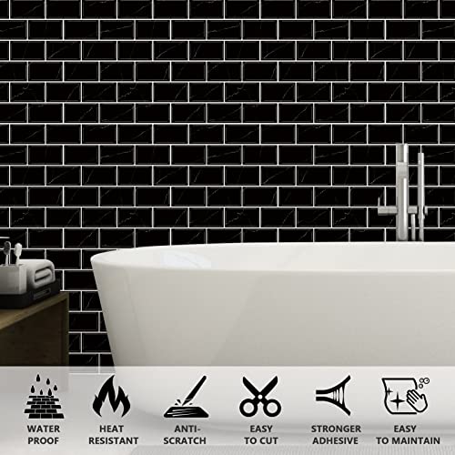 URCOLOR 10-Sheet Back Splashes for Kitchen Peel and Stick Tile Sticker,12"x12" Self Adhesive Subway Wall Tiles Stick on Backsplash for Bathroom Black Marble Design - Image 2