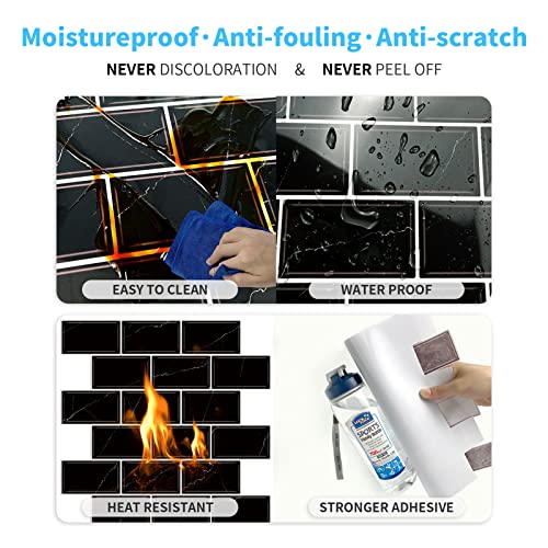 URCOLOR 10-Sheet Back Splashes for Kitchen Peel and Stick Tile Sticker,12"x12" Self Adhesive Subway Wall Tiles Stick on Backsplash for Bathroom Black Marble Design - Image 5