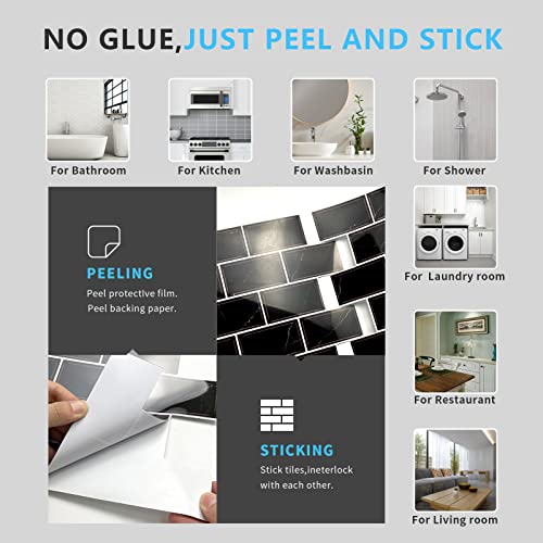 URCOLOR 10-Sheet Back Splashes for Kitchen Peel and Stick Tile Sticker,12"x12" Self Adhesive Subway Wall Tiles Stick on Backsplash for Bathroom Black Marble Design - Image 4