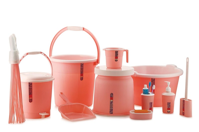 Liza Liza Newton 11Piece Complete Bathroom Essential Set for Home, Kitchen & Bathroom Includes 20L Bucket, 18 L Tub, Big Stool, Dustbin, and More (Pack of 11) Pink - Image 1