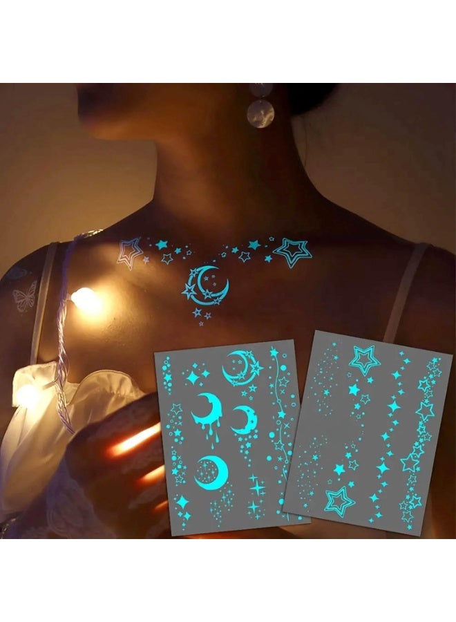 Blue Luminous Star Moon Temporary Tattoos For Women Clavicle Girls Adults Neck 4 Sheets Lace Butterfly Planet Temporary Necklace Glow In The Dark Tattoo Sticker Night Glitter Party Supply - Image 2