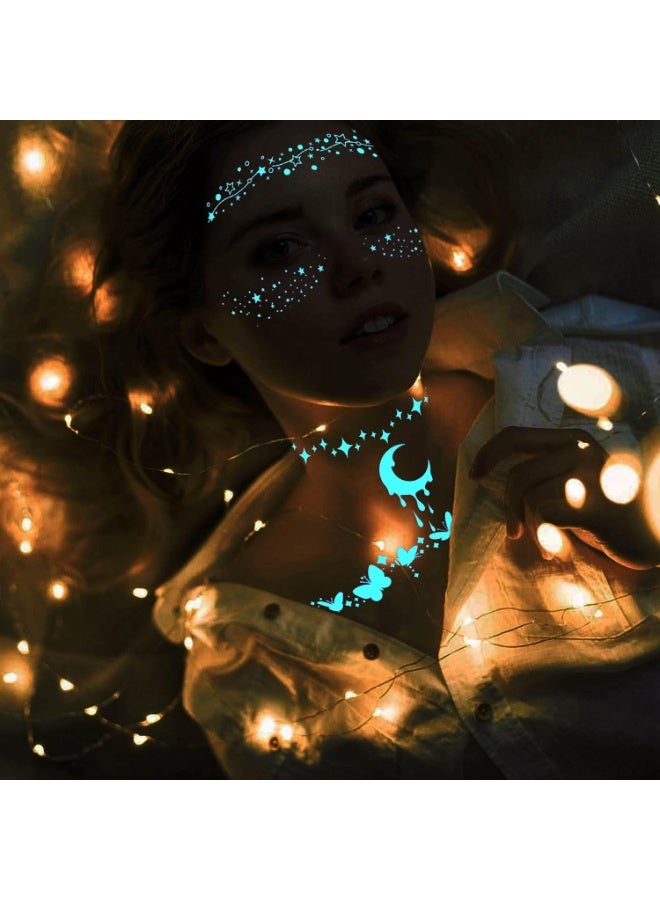 Blue Luminous Star Moon Temporary Tattoos For Women Clavicle Girls Adults Neck 4 Sheets Lace Butterfly Planet Temporary Necklace Glow In The Dark Tattoo Sticker Night Glitter Party Supply - Image 5