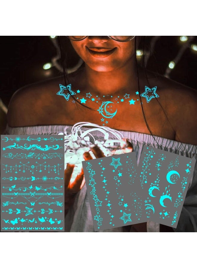 Blue Luminous Star Moon Temporary Tattoos For Women Clavicle Girls Adults Neck 4 Sheets Lace Butterfly Planet Temporary Necklace Glow In The Dark Tattoo Sticker Night Glitter Party Supply - Image 1