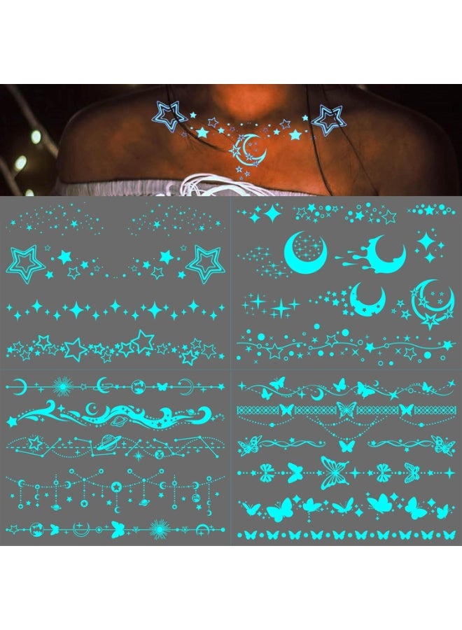 Blue Luminous Star Moon Temporary Tattoos For Women Clavicle Girls Adults Neck 4 Sheets Lace Butterfly Planet Temporary Necklace Glow In The Dark Tattoo Sticker Night Glitter Party Supply - Image 4