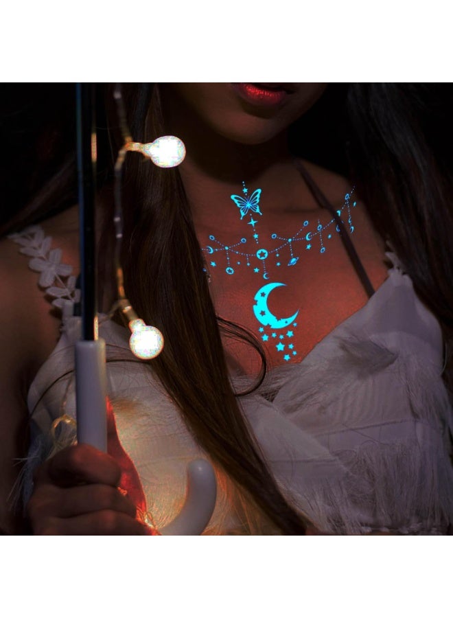Blue Luminous Star Moon Temporary Tattoos For Women Clavicle Girls Adults Neck 4 Sheets Lace Butterfly Planet Temporary Necklace Glow In The Dark Tattoo Sticker Night Glitter Party Supply - Image 3