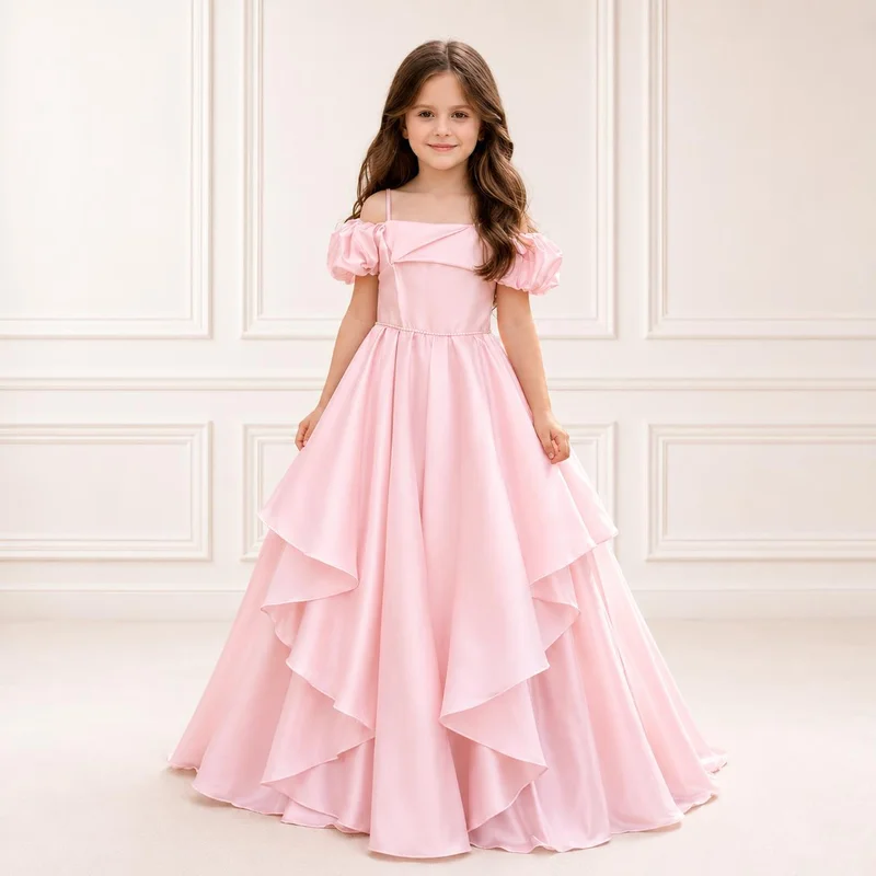 Via Bambino Blush Puff-Sleeve Wrap Ballgown 5704