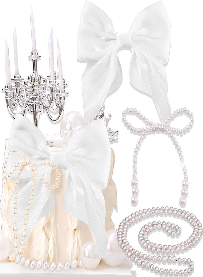 Roaring Good Time Bow Cake Topper Ribbion Cake Topper White Imitation Pearl Bow Cake Decorations Coquette Birthday Cake Bachelorette Coquette Birthday Party Bow Party Decorations - Image 1