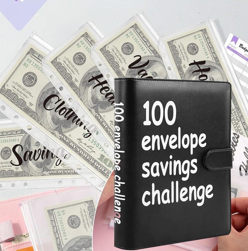 AASLOB 100 Envelopes Money Saving Challenge, 100 Envelope Challenge Binder, Easy and Fun Way to Save $5,050, Savings Challenges Budget Book Binder with Cash Envelopes for Office,Home,School (Black) - Image 2