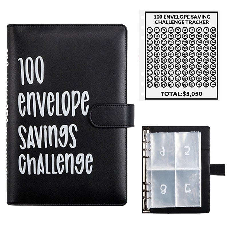 AASLOB 100 Envelopes Money Saving Challenge, 100 Envelope Challenge Binder, Easy and Fun Way to Save $5,050, Savings Challenges Budget Book Binder with Cash Envelopes for Office,Home,School (Black) - Image 1