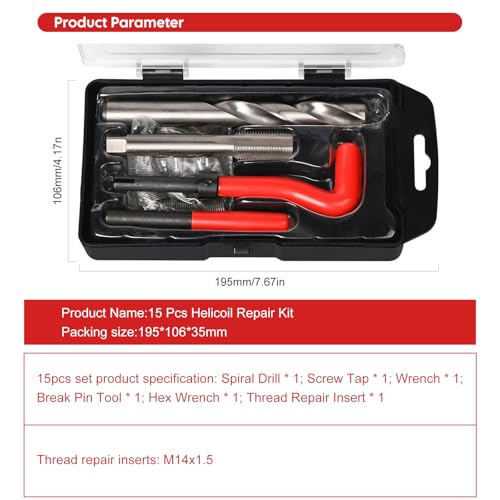 WAONIQ 15 Pcs Thread Inserts M14x1.5 Female Thread Repairing Accessory Assortment Kit, Spark Plug Thread Repair Kit, Drill Helicoil Repair Kit, Thread Repair Tool for Automotive Mechanical Repairing - Image 2