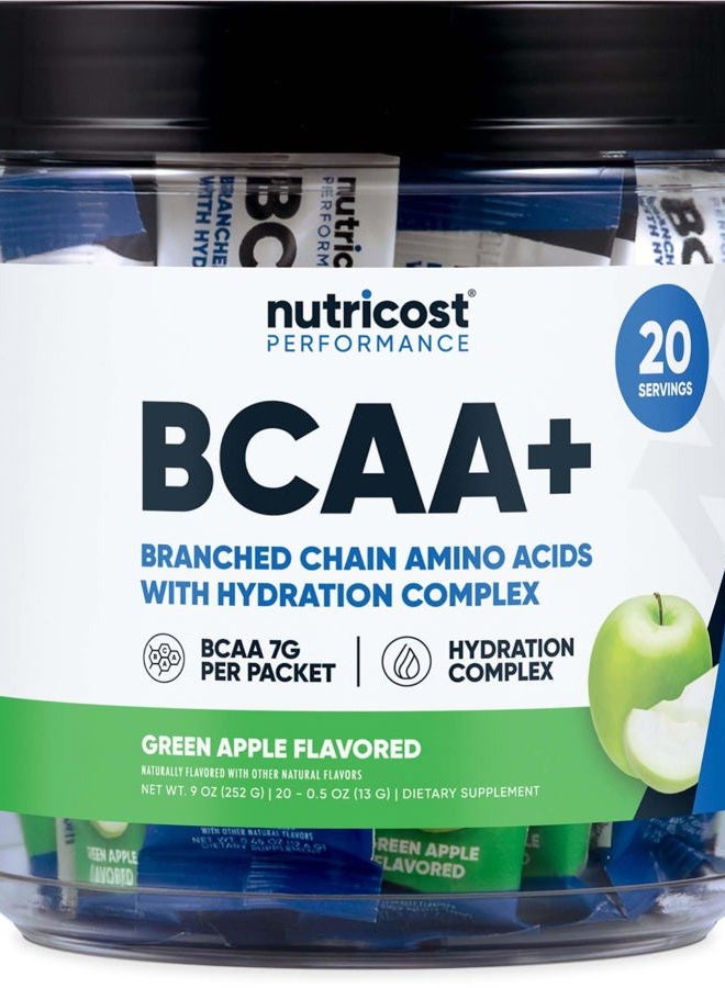 Nutricost BCAA+ Hydration Green Apple Flavored (20 Stickpacks) - Branched Chain Amino Acids with Hydration Complex - Gluten-Free, Non-GMO - Image 1