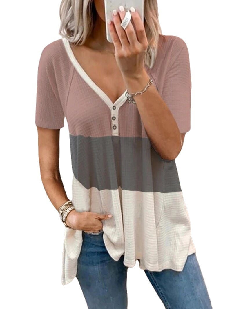 Cross-border wish AliExpress ebye 2021 summer European and American new color matching placket button V-neck short-sleeved T-shirt Color XL - Image 2