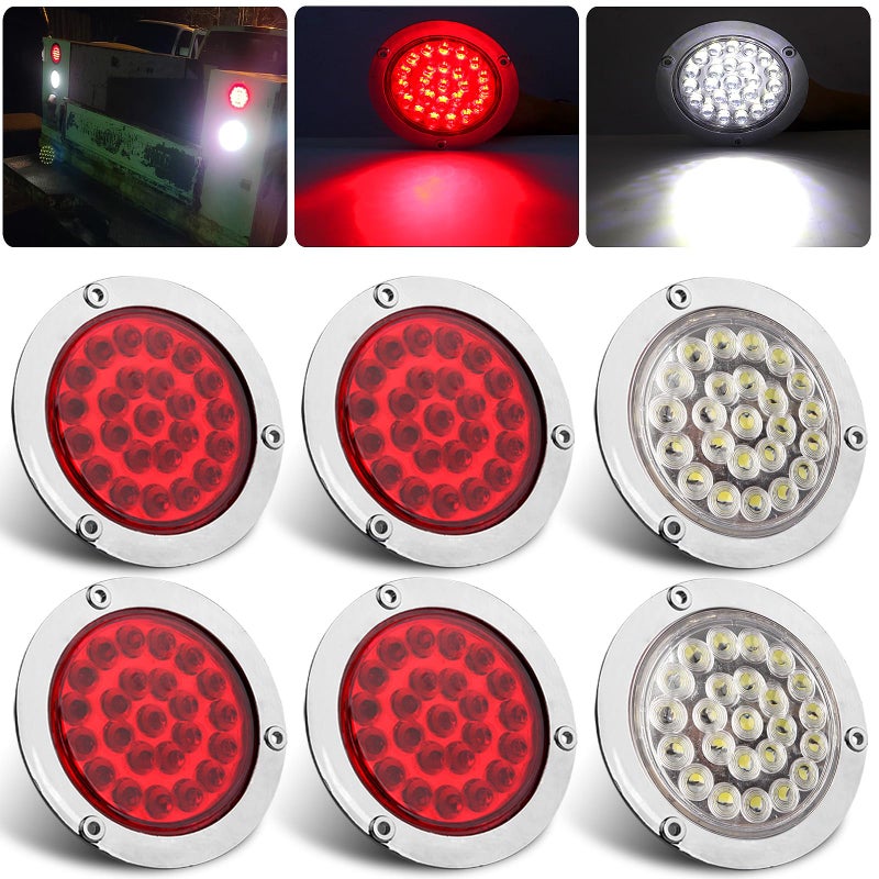 6Pcs 4 Inch Round Led Trailer Tail Lights Kit 4 Red 2 White 4 Round Led Stop Turn Tail Backup Reverse Lights 24 LED Flange Mount for Truck Trailer RV Camper Tail Lights wChrome Plastic Bezels