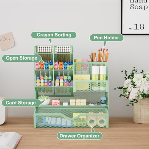 Marbrasse Mesh Pen Holder for Desk MultiFunctional Pencil Organizer with Drawer Desk Organizers and Accessories for Office Art Supplies Green - Image 3