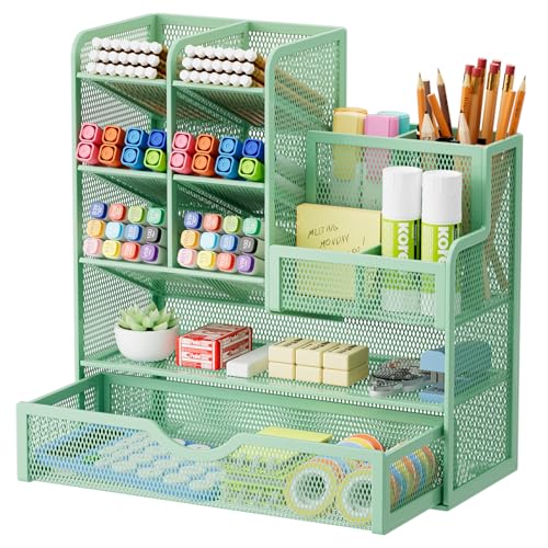 Marbrasse Mesh Pen Holder for Desk MultiFunctional Pencil Organizer with Drawer Desk Organizers and Accessories for Office Art Supplies Green - Image 1